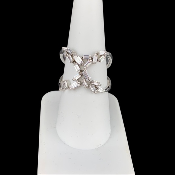 Silver Emerald Diamond Baguette Cubic Zirconia X Shape Ring Size 7 Size 8 - Picture 3 of 17